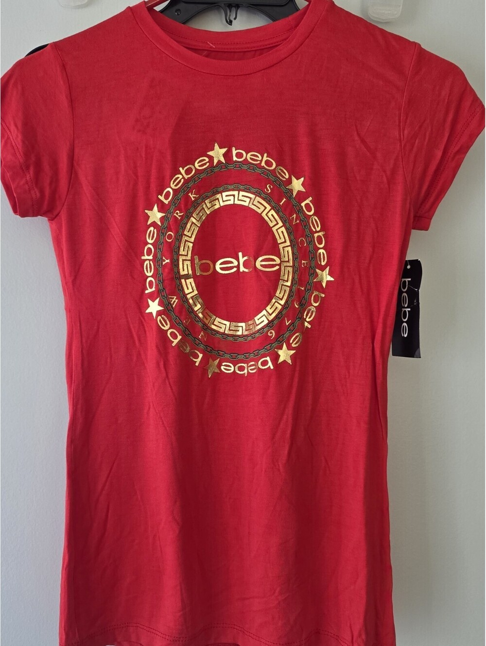 Bebe Red Graphic T-Shirt Small Short Sleeve NWT